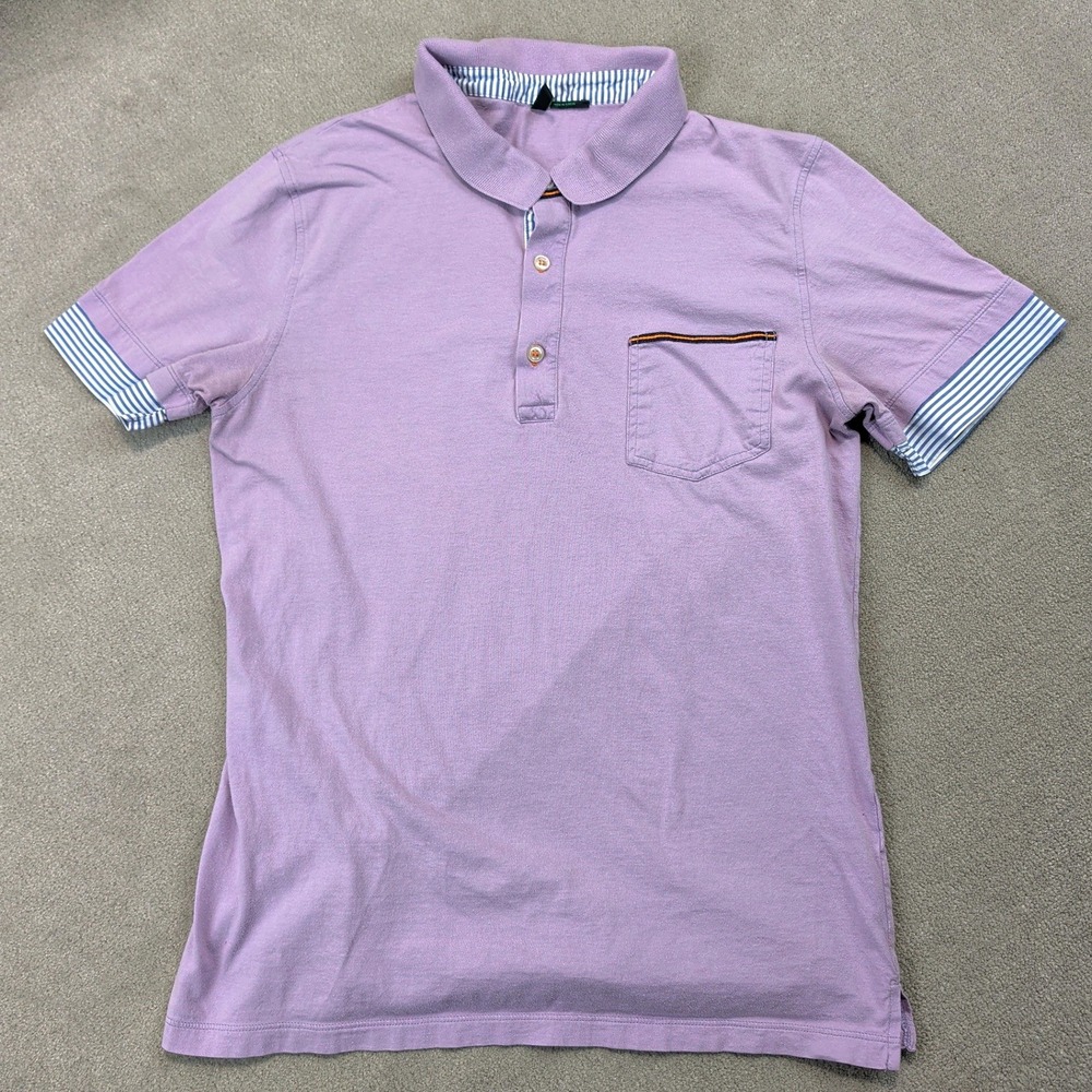 Stile Benetton Polo Shirt Mens Large Purple Lavender Striped Cuffs Cotton Pocket